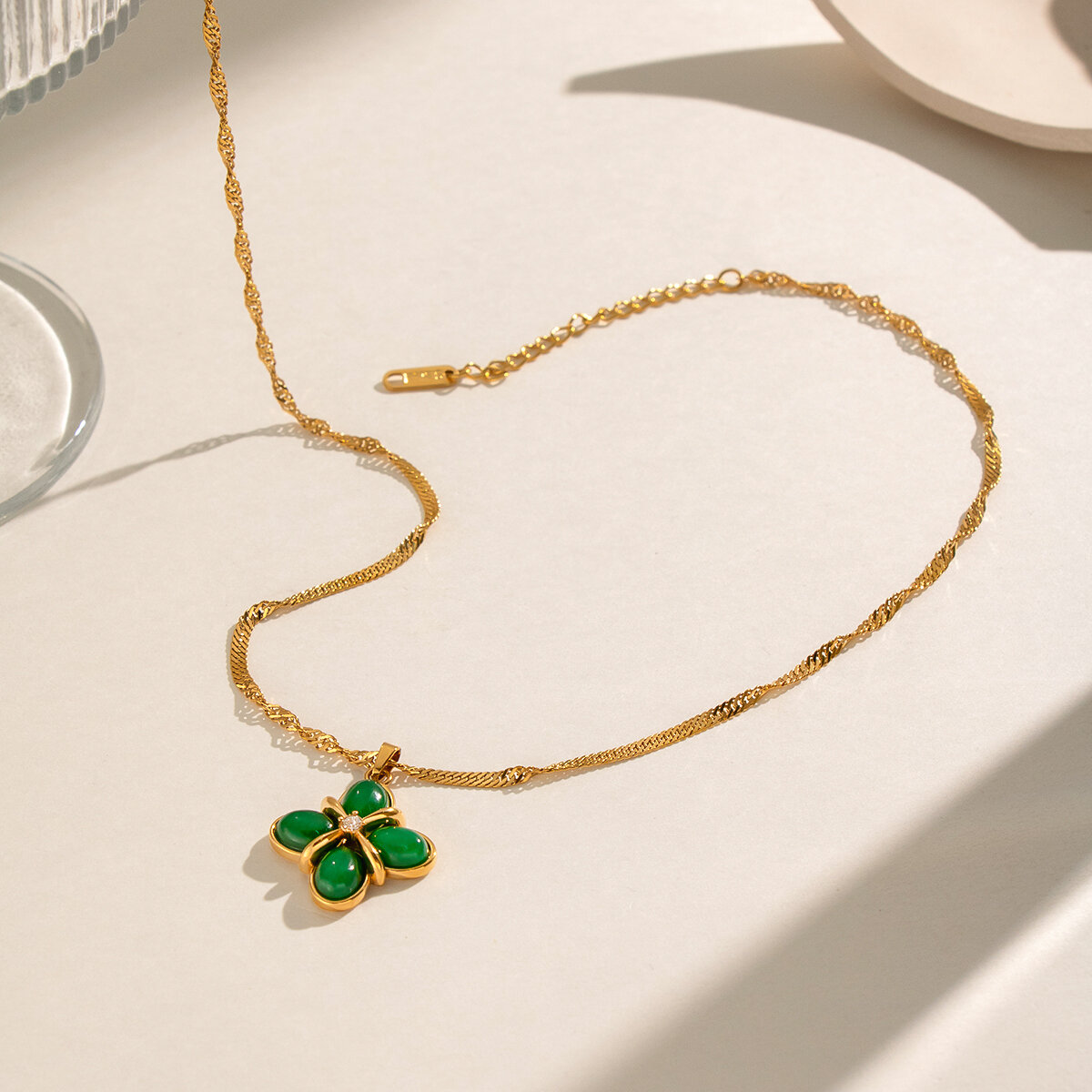Clover Shape Stainless Steel Waterproof Gold Color Natural Stone Artificial Pearl Women's Pendant Necklaces Picture4