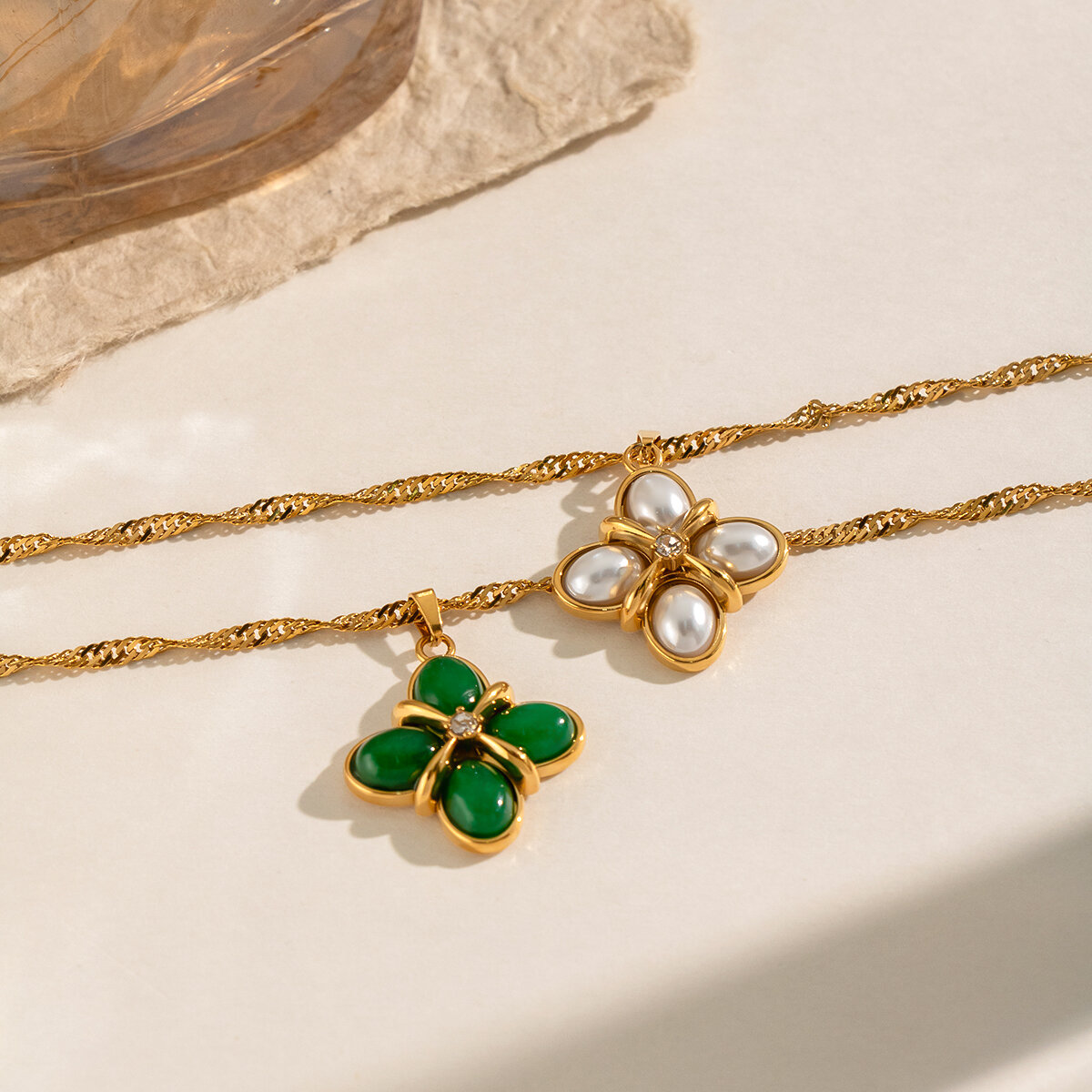 Clover Shape Stainless Steel Waterproof Gold Color Natural Stone Artificial Pearl Women's Pendant Necklaces Picture2