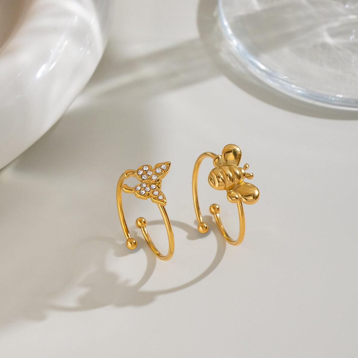 Sweet Flower & Butterful Shape Stainless Steel Waterproof  Gold Color Women's Rings Set h5 Picture5