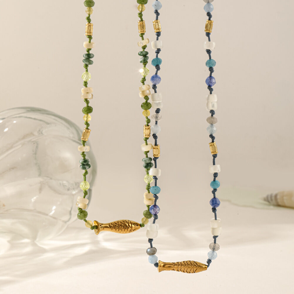 Vacation Beads Natural Stones Stainless Steel Fish Gold Color Women's Beaded Necklaces