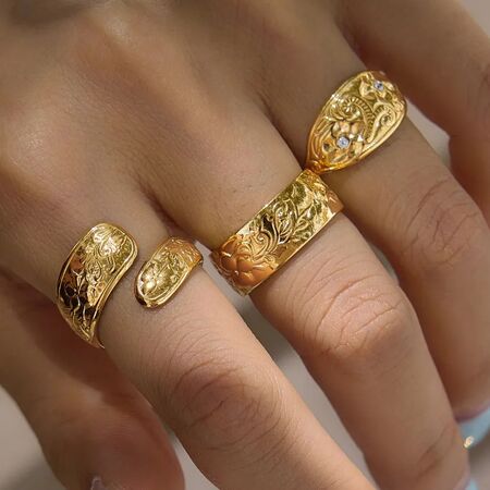Retro Style Flower Pattern Stainless Steel Waterproof Gold Color Statement Rings