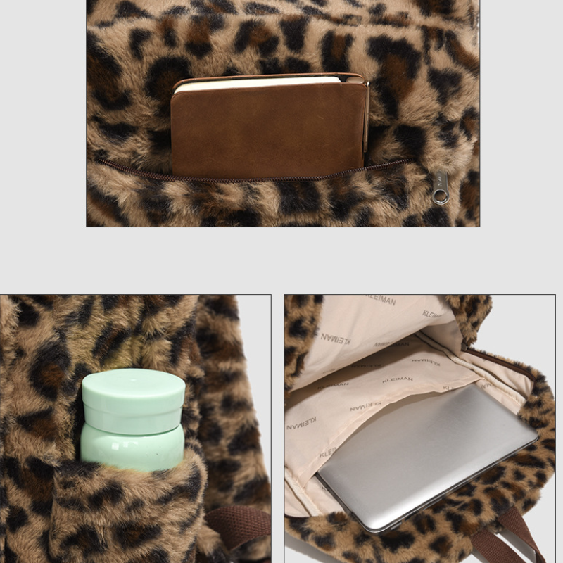 Casual Style Fluffy Leopard Print Plaid Mixed Color Imitation Fur Women's Backpack Picture8