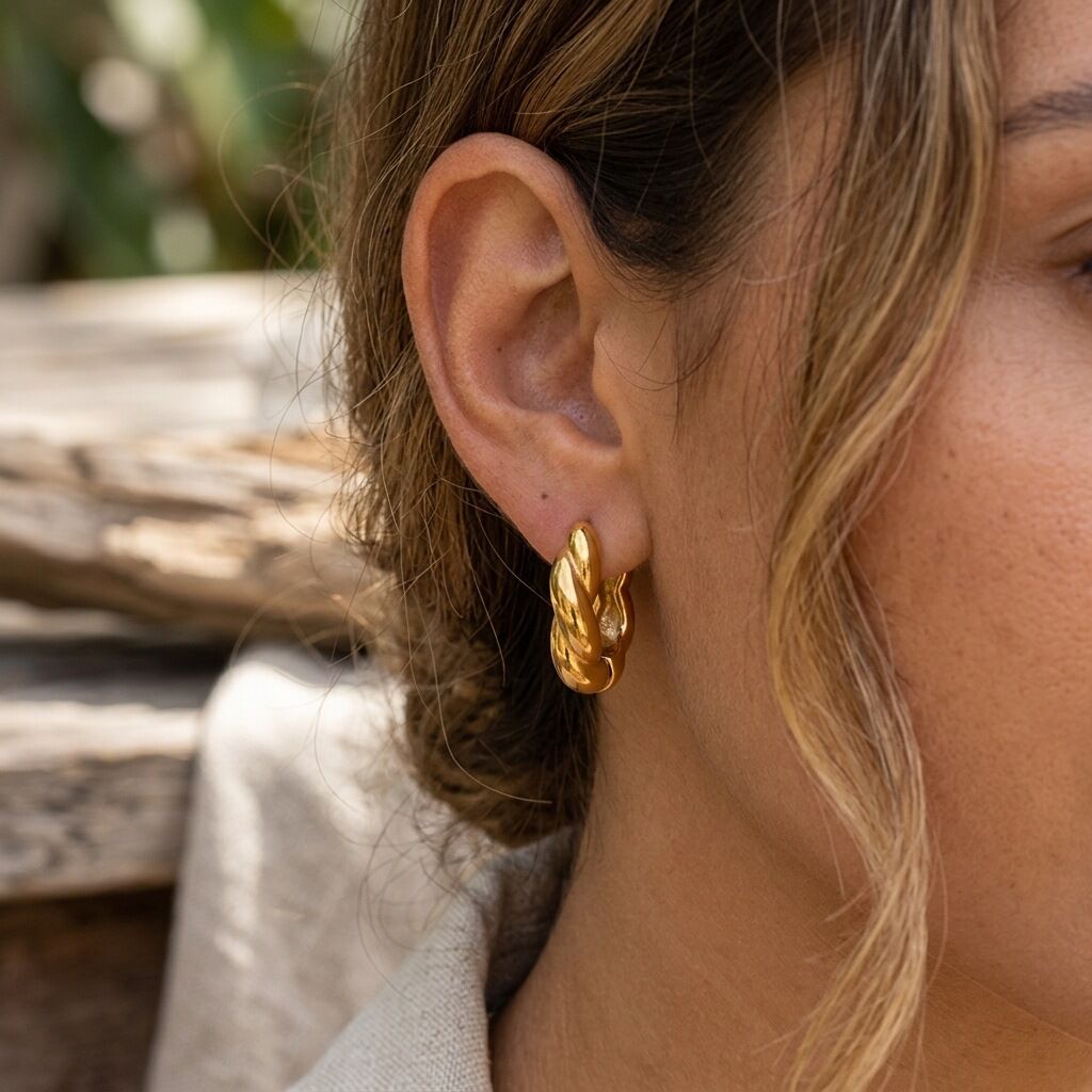 Classic Thread Pattern Stainless Steel Waterproof Gold Color Women's Hoop Earrings