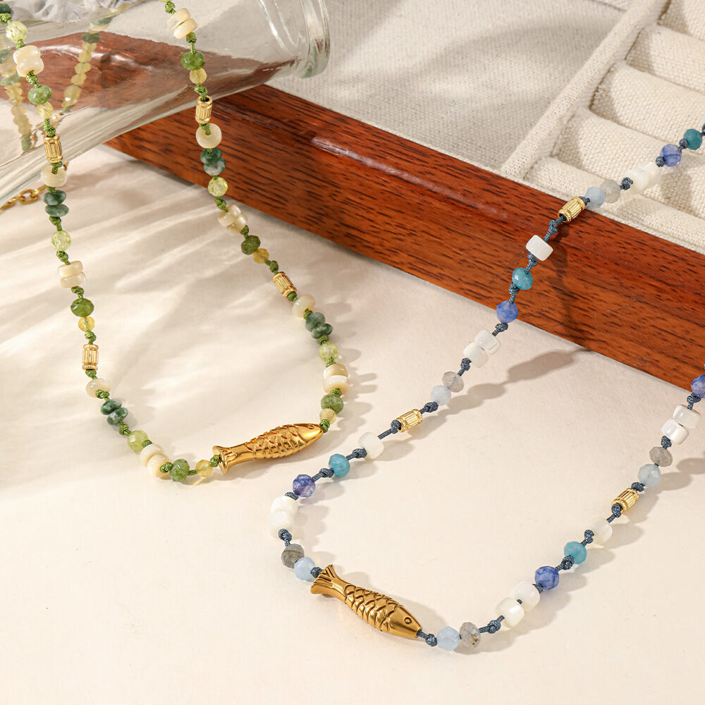 Vacation Beads Natural Stones Stainless Steel Fish Gold Color Women's Beaded Necklaces 2