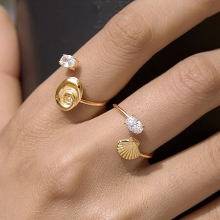 Oceanic Style Shell Shape Stainless Steel Waterproof Gold Color Zircon Women's Gemstone Rings