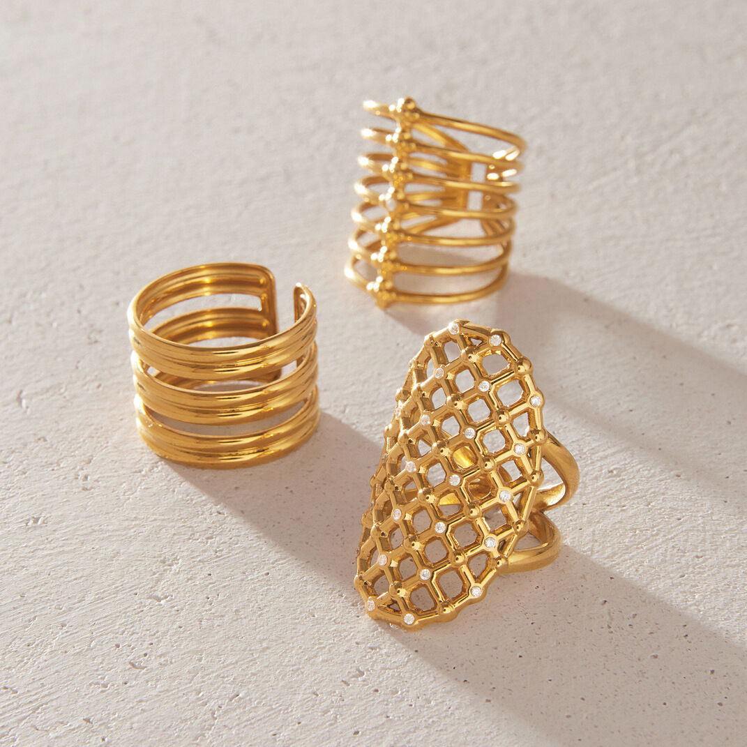 Simple Series Retro Hollowed-Out Lines Stainless Steel Waterproof   Gold Color  Statement Rings Picture2