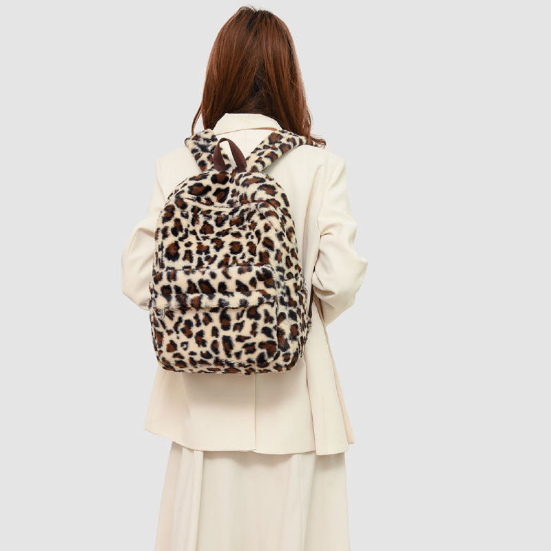 Casual Style Fluffy Leopard Print Plaid Mixed Color Imitation Fur Women's Backpack h5 Picture3