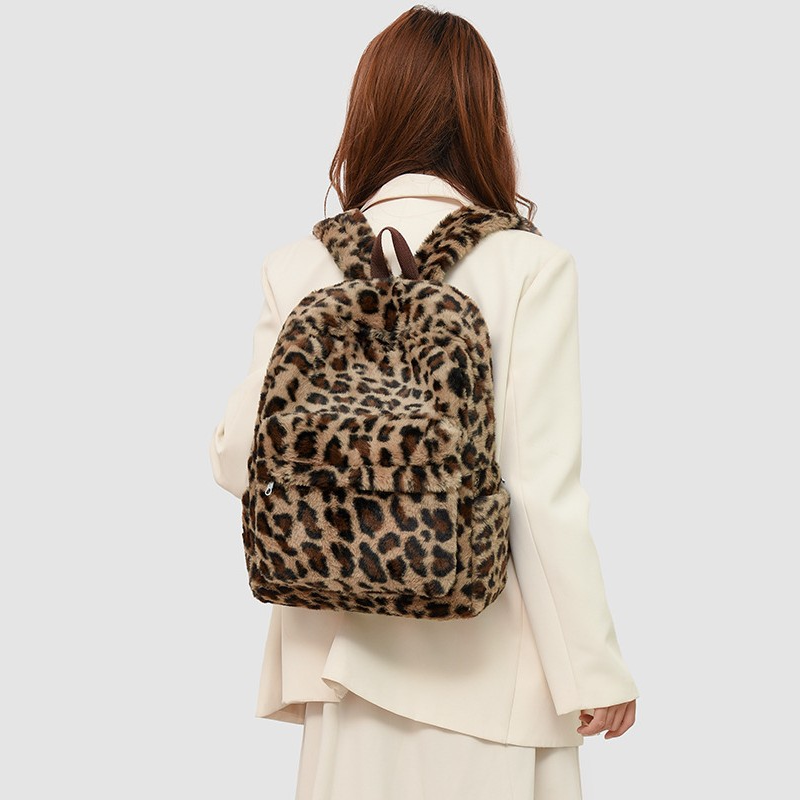 Casual Style Fluffy Leopard Print Plaid Mixed Color Imitation Fur Women's Backpack h5 Picture2
