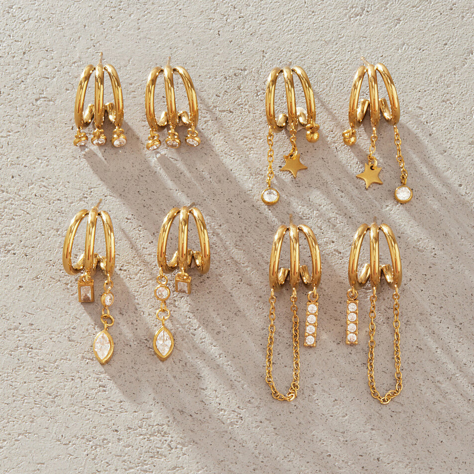 Luxurious Series Casual Irregular Shape Tassel Stainless Steel Waterproof   Gold Color  Zircon Women's Drop Earrings 2
