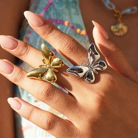 Simple Series Daily Butterfly Stainless Steel Waterproof Gold Color Statement Rings