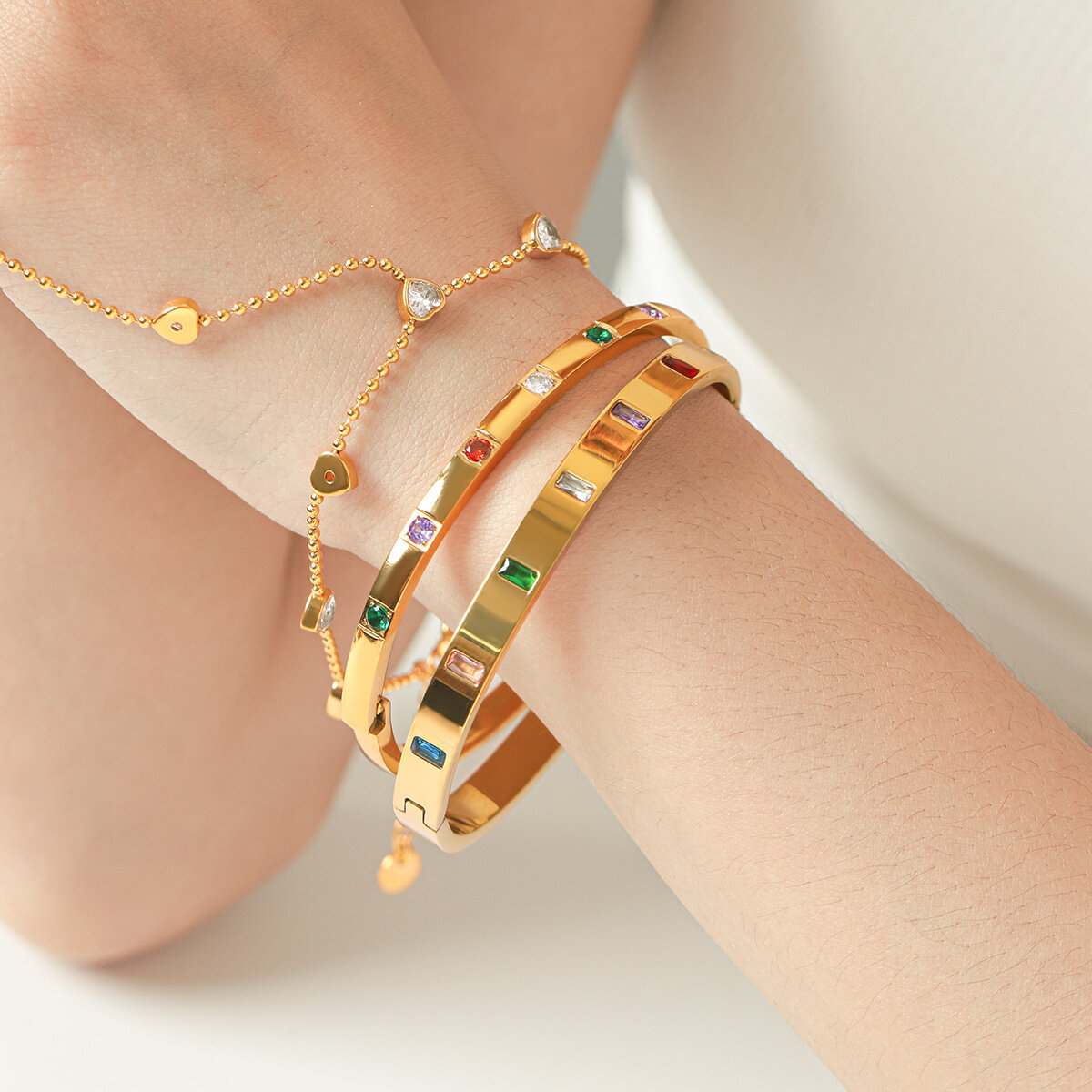 Luxury Series Daily Irregular Shape Ellipse Shape Stainless Steel Waterproof   Gold Color  Zircon Women's Bangles