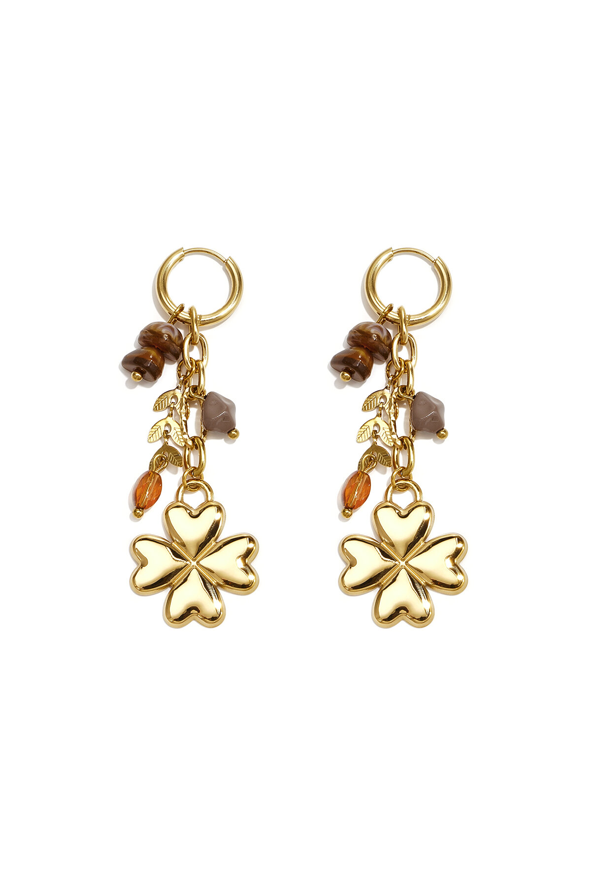 Petites Boucles D'Oreilles Créoles Ornées D'Un Trèfle, De Perles Et De Feuilles Pendantes h5 