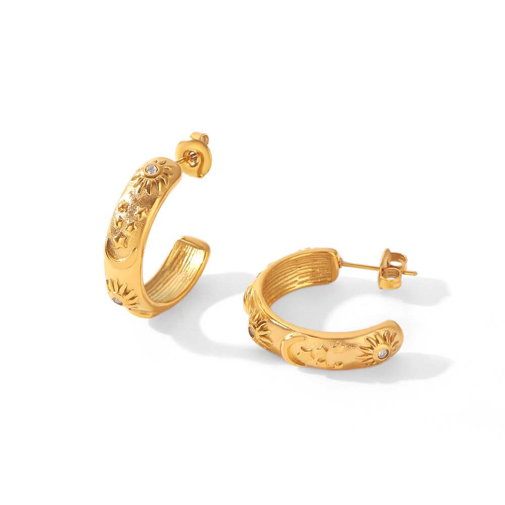 Retro Series Daily Sun Star Moon Stainless Steel Waterproof Gold Color Zircon Women's Stud Earrings