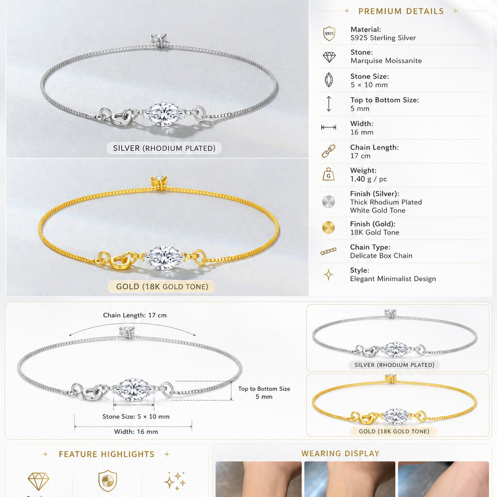 Simple Series Elegant Chain 925 Sterling Silver Color Rhodium Plating  Women's Moissanite Bracelets Picture4