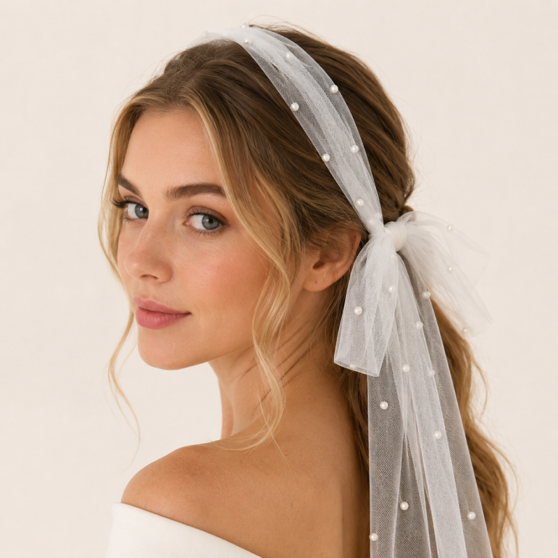 Romantic Series Elegant Bow Knot Organza Artificial Pearl Bridal Headwears