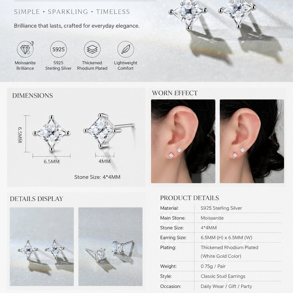Simple Series Elegant Geometric Shape 925 Sterling Silver Color Rhodium Plating  Women's Moissanite Earrings Picture4