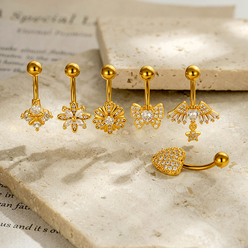 Piercings De Nombril En Zircon Couleur Cuivre Et Or, Motif Fleur, Cœur, Nœud Papillon Et Ailes, Série Simple Image5