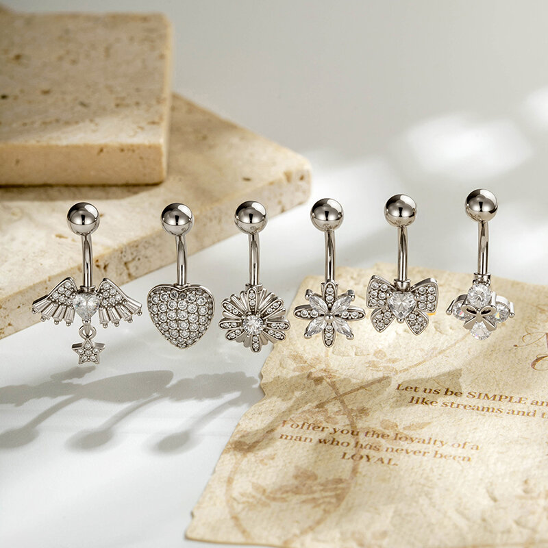 Piercings De Nombril En Zircon Couleur Cuivre Et Or, Motif Fleur, Cœur, Nœud Papillon Et Ailes, Série Simple Image6