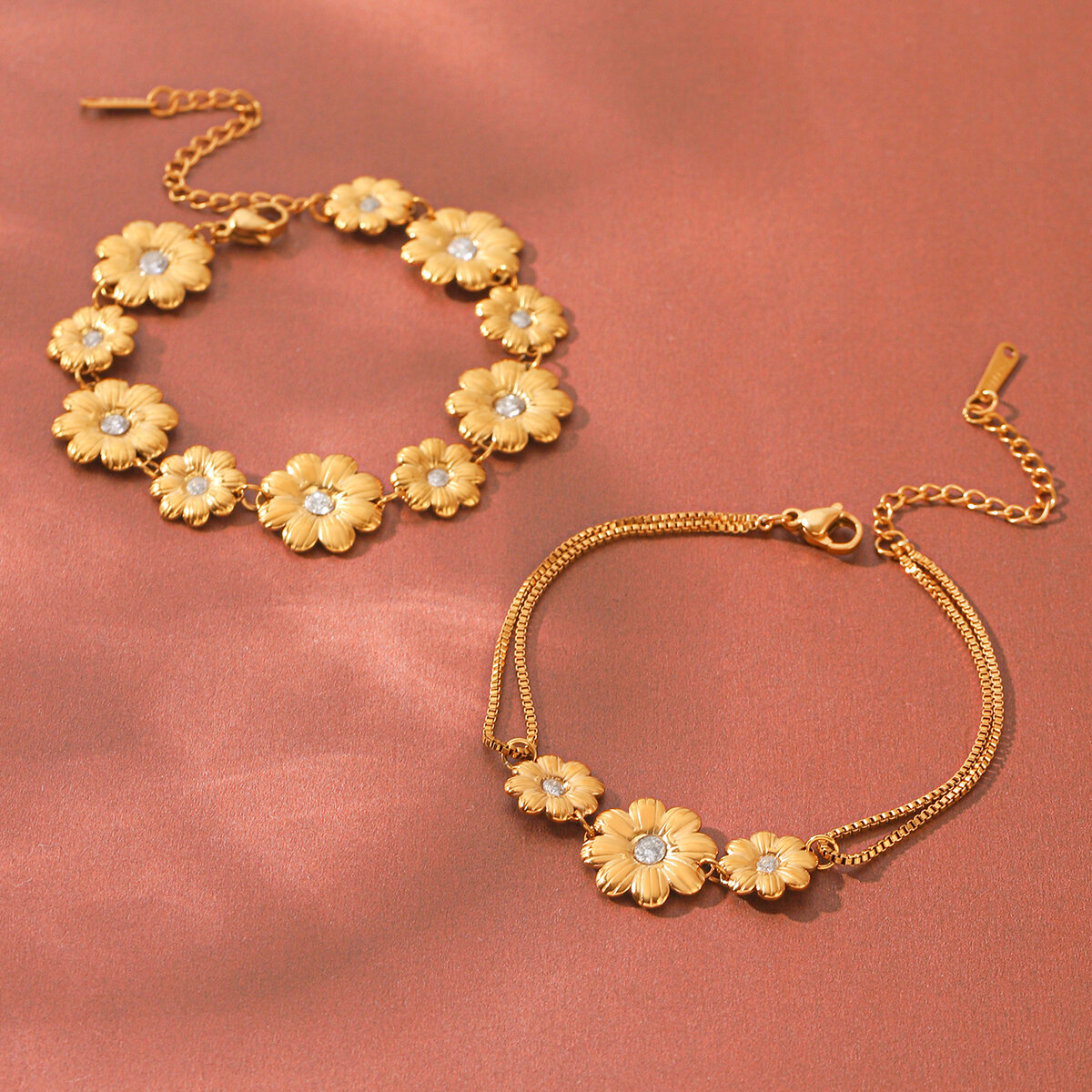 Pulseras De Cadena Para Mujer De Acero Inoxidable, Color Dorado, Resistentes Al Agua Y Con Circonitas, De La Serie Simple Daily Flower. Imagen5