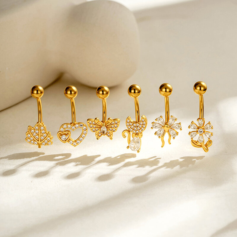Piercings De Nombril En Zircon Couleur Cuivre Doré, Série Simple : Fleur, Cœur, Feuille, Papillon Image5