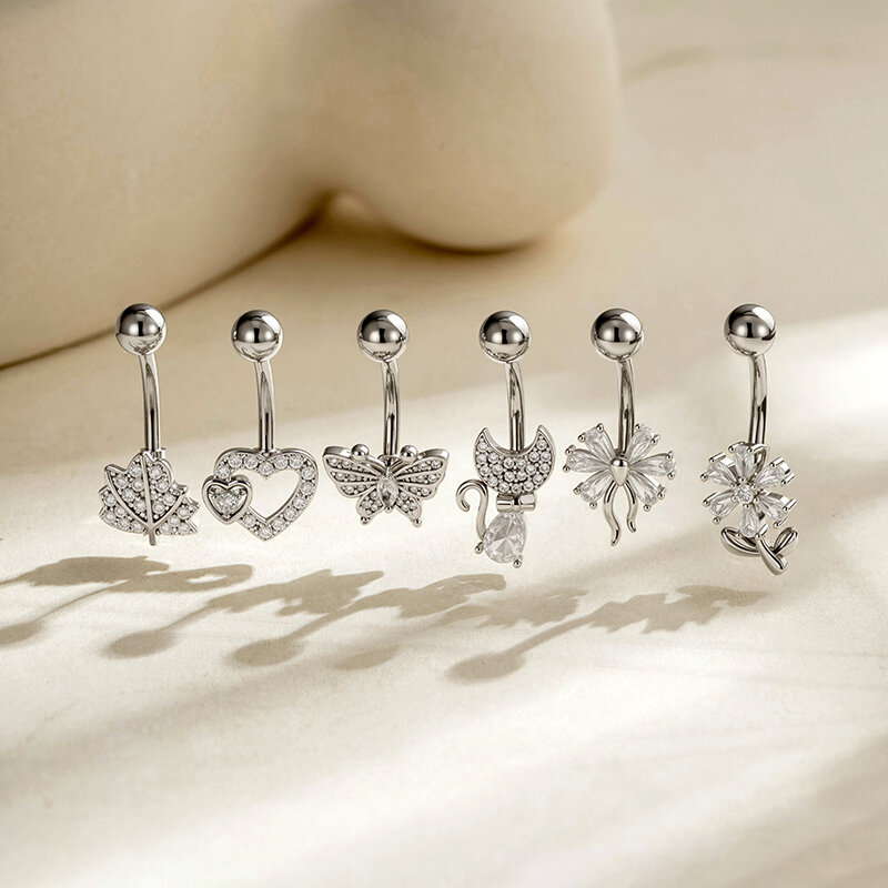Piercings De Nombril En Zircon Couleur Cuivre Doré, Série Simple : Fleur, Cœur, Feuille, Papillon Image6