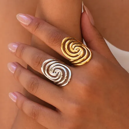 Simple Series Daily Hollowed-Out Thread Stainless Steel Waterproof   Gold Color  Statement Rings