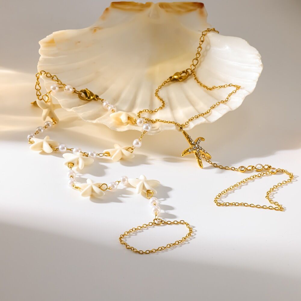 Cadena De Mano Para Mujer Con Diseño De Estrella De Mar, Resistente Al Agua, De Acero Inoxidable Y Color Dorado, Con Cristales Y Perlas Artificiales. Imagen2