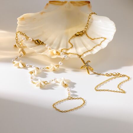 Cadena De Mano Para Mujer Con Diseño De Estrella De Mar, Resistente Al Agua, De Acero Inoxidable Y Color Dorado, Con Cristales Y Perlas Artificiales. 2