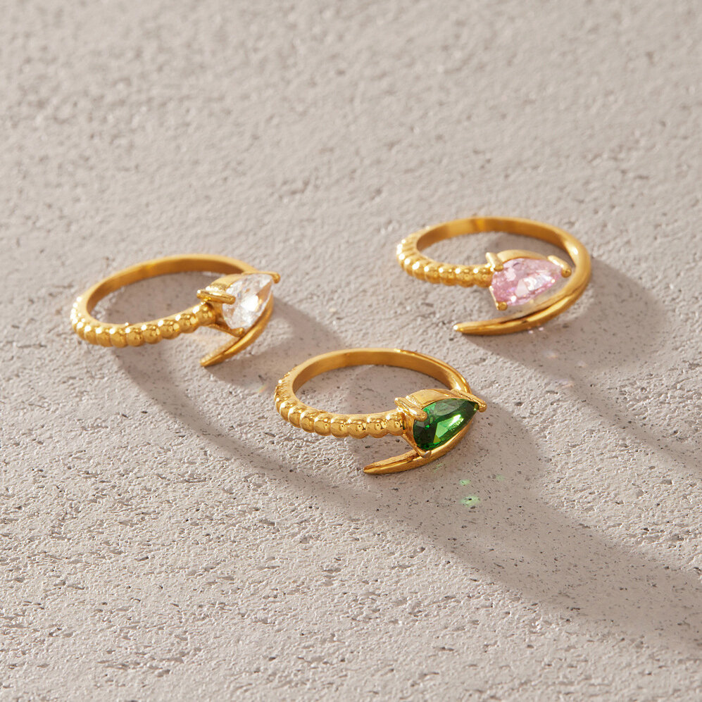 Luxurious Series Sweet Snake Stainless Steel Waterproof   Gold Color  Zircon Women's Gemstone Rings Picture2