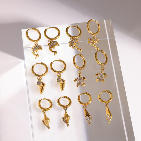 Oorbellen Voor Dames In Oceaanstijl Met Zeesterrenmotief, Gemaakt Van Roestvrij Staal, Waterdicht En Goudkleurig Met Strass-Steentjes.