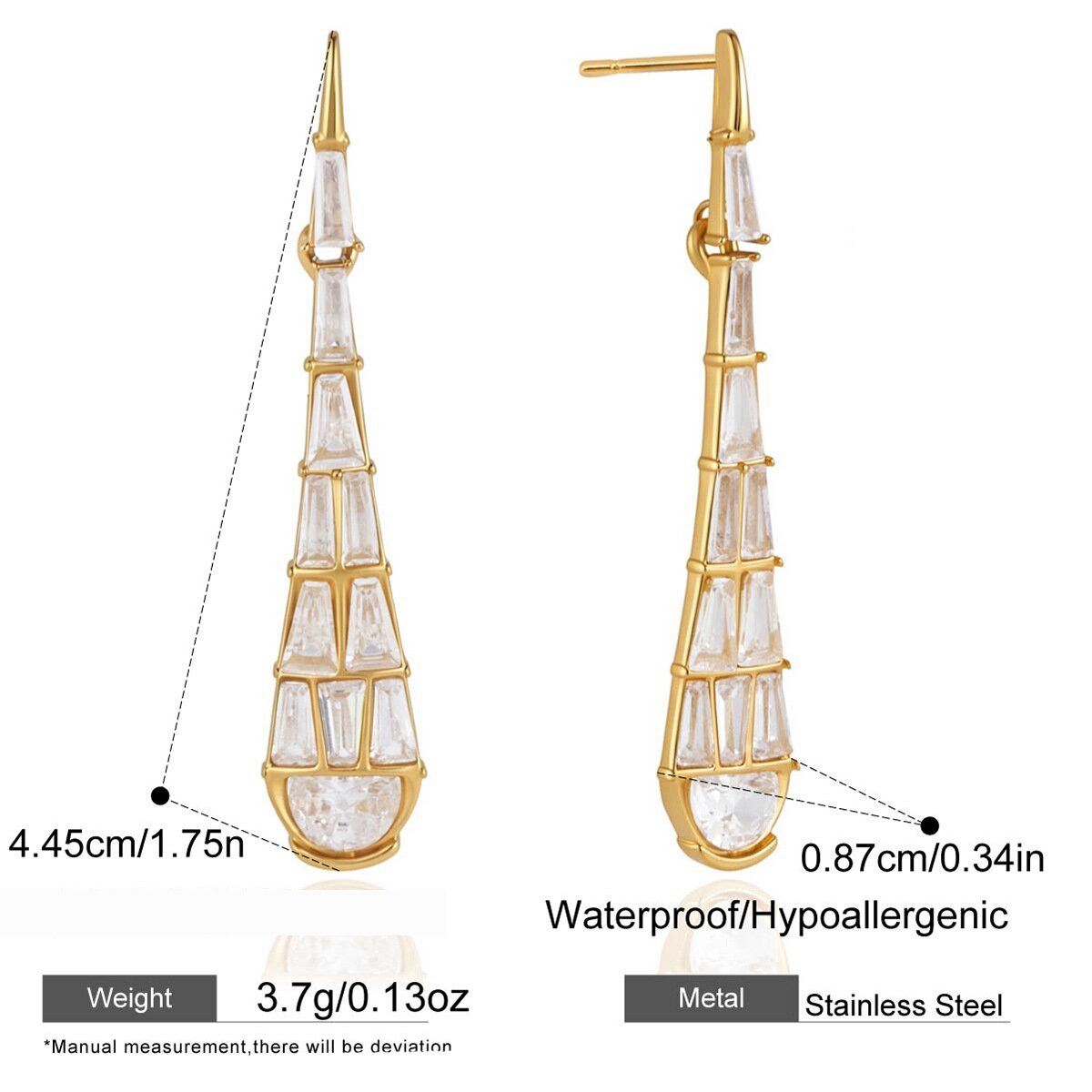 Boucles D'Oreilles Puces Pour Femmes, Élégantes Et Raffinées, En Acier Inoxydable Doré, Ornées De Zircon Et De Motifs En Gouttelettes. Collection Luxueuse. 