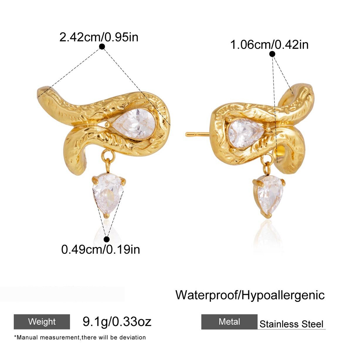 Boucles D'Oreilles Puces Pour Femmes, Collection Simple, Style Décontracté, En Forme De Goutte Irrégulière, En Acier Inoxydable Étanche, Couleur Or, Avec Zircon. 