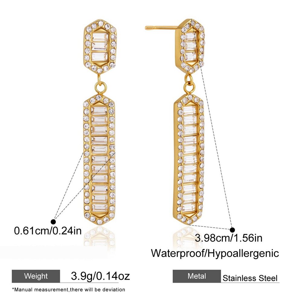 Eenvoudige Serie Elegante Rechthoekige Waterdichte Oorbellen Van Roestvrij Staal Met Goudkleurige Zirkonia Voor Dames.