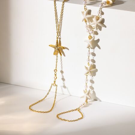 Cadena De Mano Para Mujer Con Diseño De Estrella De Mar, Resistente Al Agua, De Acero Inoxidable Y Color Dorado, Con Cristales Y Perlas Artificiales.