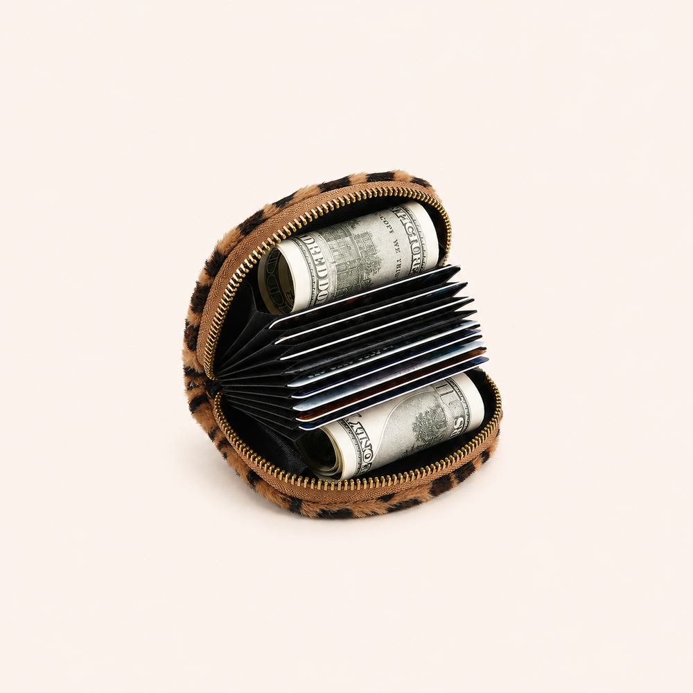 Portafogli E Porta Carte Da Donna Rotondi In Pelliccia Sintetica Con Stampa Leopardata, Stile Casual E Soffice. h5Immagine3