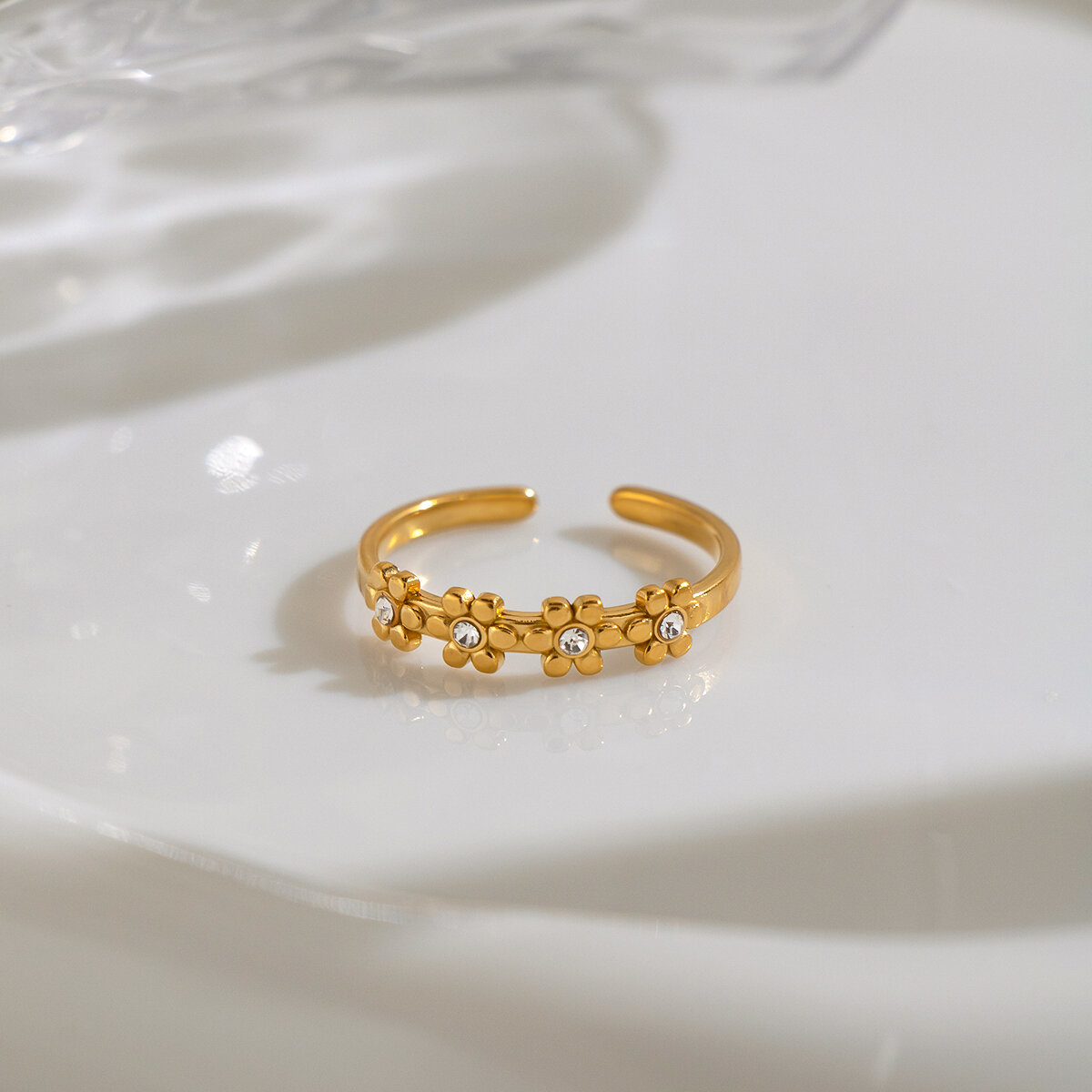 Bagues Pour Femmes En Acier Inoxydable Doré, Étanches, En Forme De Fleur Et Ornées De Strass Image2