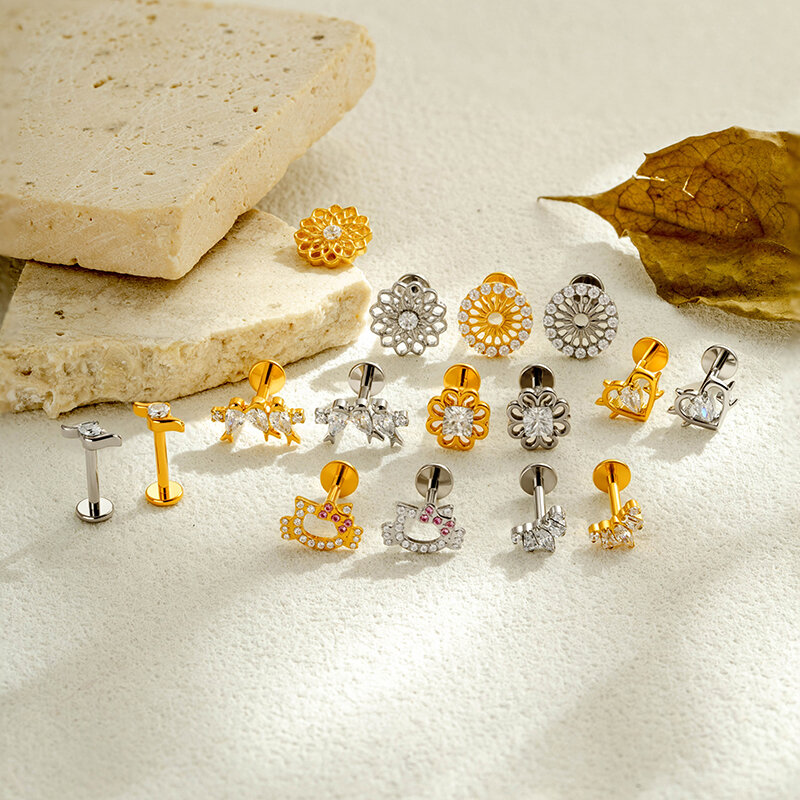 Boucles D'Oreilles Piercing Pour Femme, En Alliage De Titane Doré Avec Zircon, Motif Cœur Et Animal, Collection Simple. h5 Image4