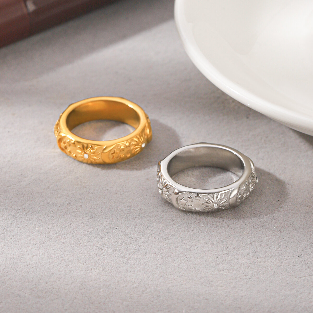 Simple Series Daily Sun Star Moon Stainless Steel Waterproof   Gold Color  Zircon Statement Rings h5 Picture5