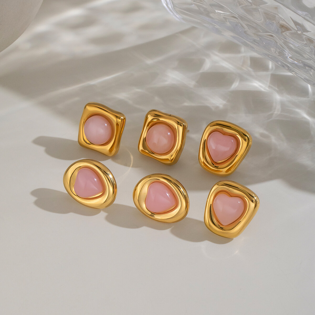 Boucles D'Oreilles Puces Pour Femmes, Forme Géométrique, Acier Inoxydable, Pierre Naturelle, Étanches, Couleur Or Image2