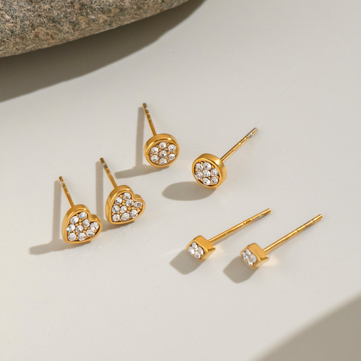 Heart Shape Stainless Steel Waterproof Gold Color Rhinestone Women's Earrings Sets 2