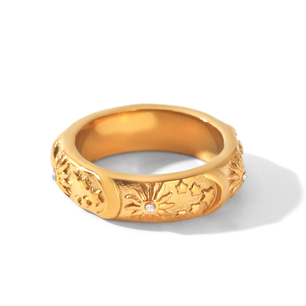 Simple Series Daily Sun Star Moon Stainless Steel Waterproof   Gold Color  Zircon Statement Rings 