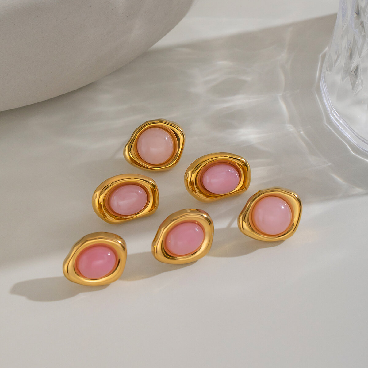 Boucles D'Oreilles Puces Pour Femmes, Forme Géométrique, Acier Inoxydable, Pierre Naturelle, Étanches, Couleur Or Image4