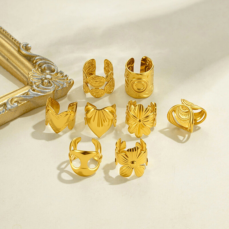 Boucles D'Oreilles Manchette Pour Femmes, Motif Fleur Et Feuille, En Acier Inoxydable Étanche, Couleur Or Image3