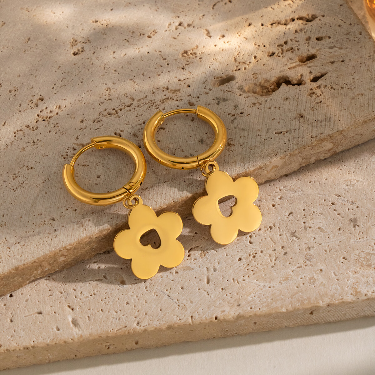 Boucles D'Oreilles Pendantes Pour Femme, En Acier Inoxydable, Couleur Or, En Forme De Fleur Et Étanches. Image4