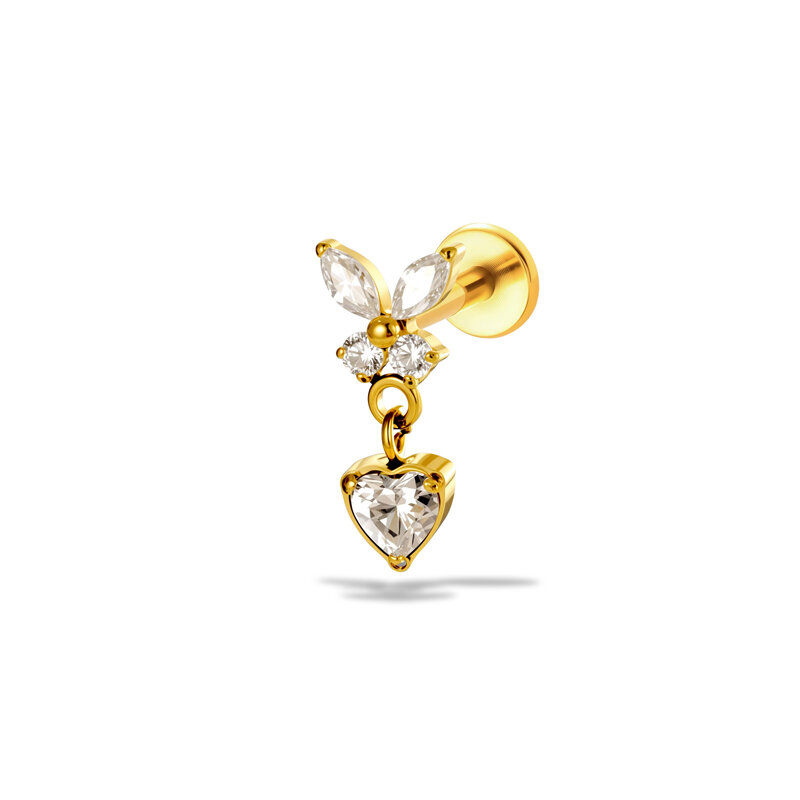 Boucles D'Oreilles Piercing Pour Femme, Série Simple, En Alliage De Titane Doré Avec Nœud Papillon Et Zircon. 