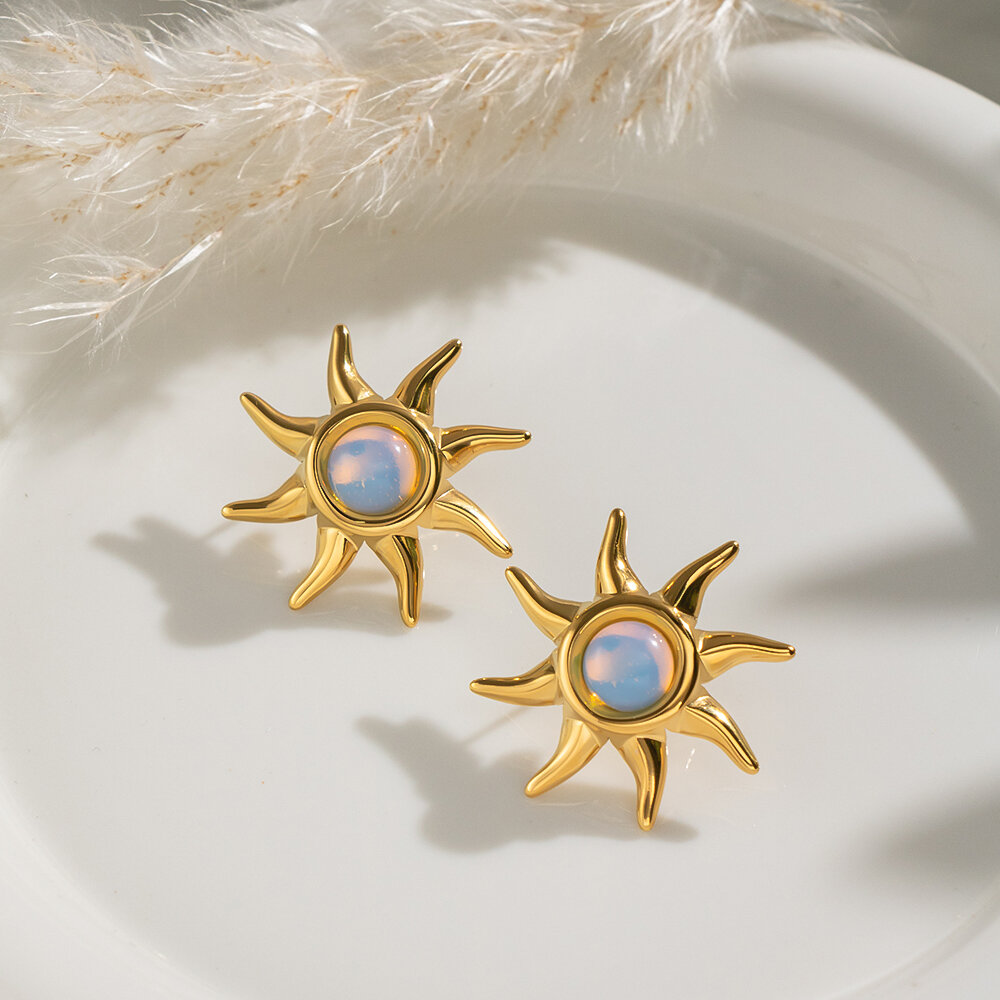 Boucles D'Oreilles Puces Pour Femmes En Acier Inoxydable Doré, En Forme De Soleil, Étanches, Avec Pierre Naturelle h5 Image4