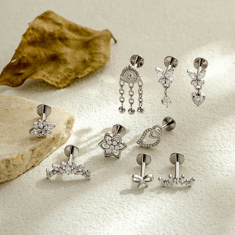 Boucles D'Oreilles Piercing Pour Femme, Série Simple, En Alliage De Titane Doré Avec Nœud Papillon Et Zircon. Image6
