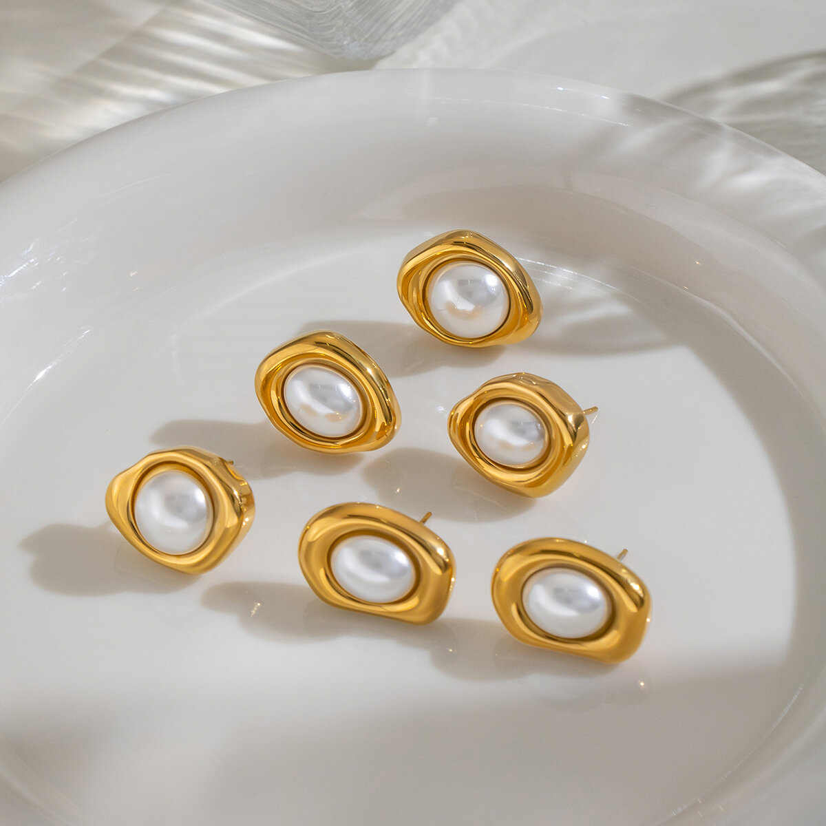 Boucles D'Oreilles Puces Pour Femme, Forme Géométrique, Perles Artificielles Couleur Or Image4