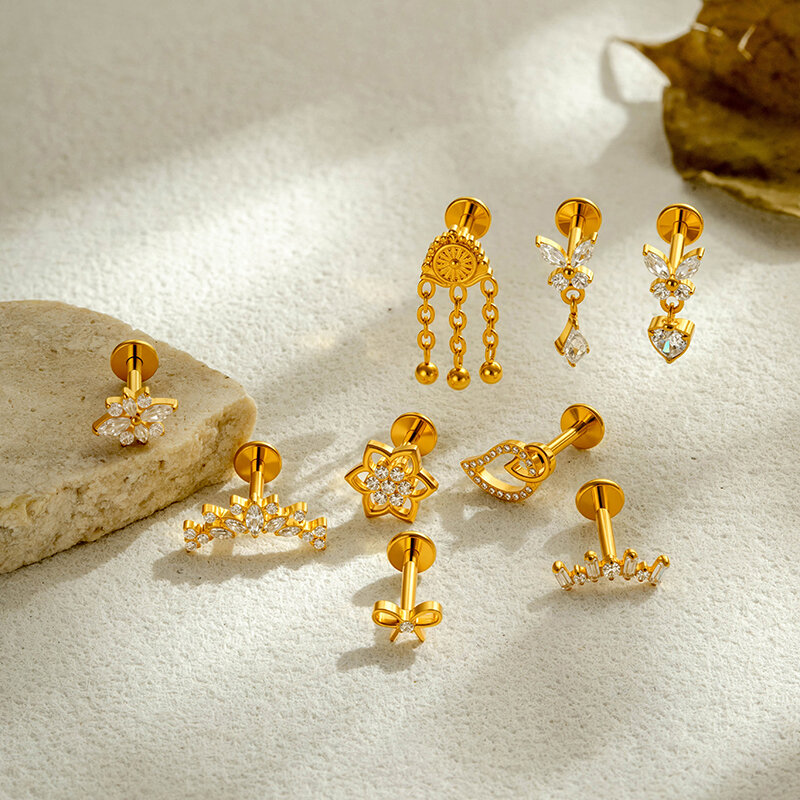 Boucles D'Oreilles Piercing Pour Femme, Série Simple, En Alliage De Titane Doré Avec Nœud Papillon Et Zircon. Image5