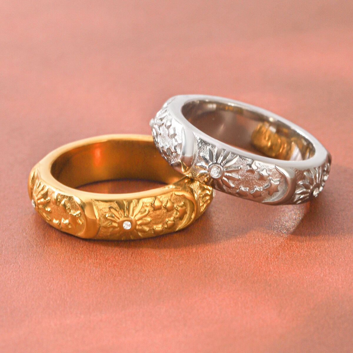Simple Series Daily Sun Star Moon Stainless Steel Waterproof   Gold Color  Zircon Statement Rings h5 Picture3